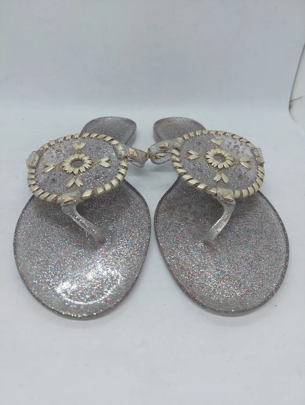 Jack Rogers Gold Flip Flop Sandals Metallic Jelly Sparkles Flat Slip On 8